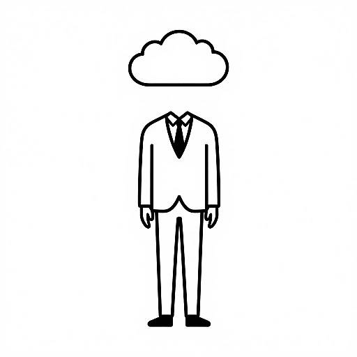 Black and white digital drawing of a man in a suit with a cloud for a head, standing upright, simple, minimalist style.