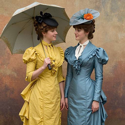 Photograph of two Victorian women in bright yellow and blue dresses, holding umbrellas, with ornate hats and ruffled details, standing against a textured
