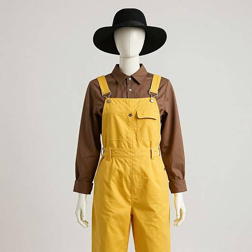 Photograph of a faceless mannequin wearing yellow overalls with brown shirt, black wide-brimmed hat, standing against a white background.
