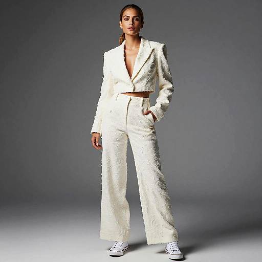 Photograph of a confident woman in a white, textured, deep V-neck suit with wide-leg pants and white sneakers, standing against a gray gradient background