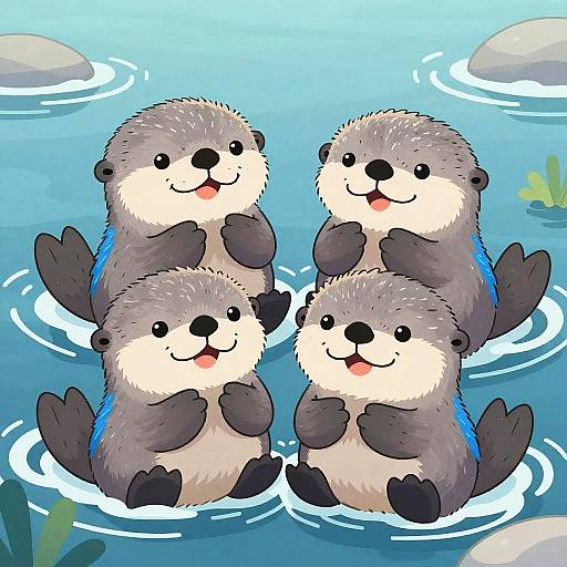 Cute digital drawing of four fluffy, gray otters with blue accents, standing in a blue pond, smiling and holding paws together.