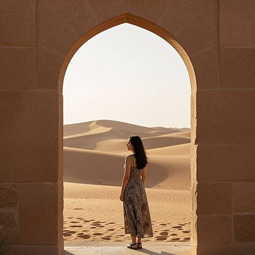Photograph of a woman with long black hair, wearing a patterned dress, standing in a sandy archway, gazing at golden desert sand d