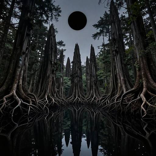 Photorealistic digital artwork: Dark, towering cypress trees with exposed roots in a still, reflective water pool, under a black moon in a dense