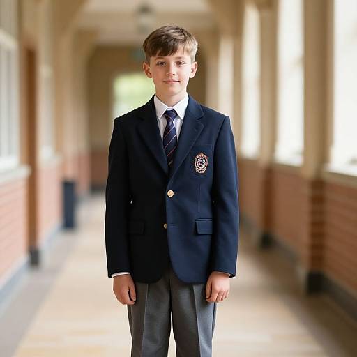 Photograph of a young boy in a navy school blazer with a crest, white shirt, and striped tie, standing in a sunlit, brick