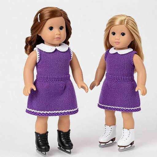 Photograph of two dolls with brown and blonde hair, wearing purple knitted dresses, white collars, black and white ice skates, standing against