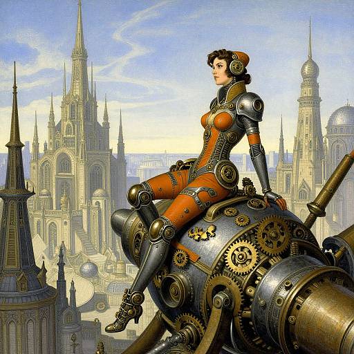 Steampunk woman in orange and black armor, seated on a large gear, overlooking a futuristic Gothic cityscape with towering spires. Digital art.
