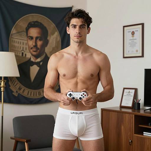 Muscular Man Gaming in Unique Room