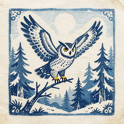 Woodcut Style Owl in Snowy Pine Forest