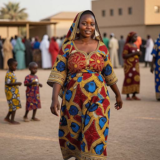 Photograph of a smiling African woman in a vibrant, red and blue, patterned dress with gold embroidery, walking in a sunlit, outdoor village