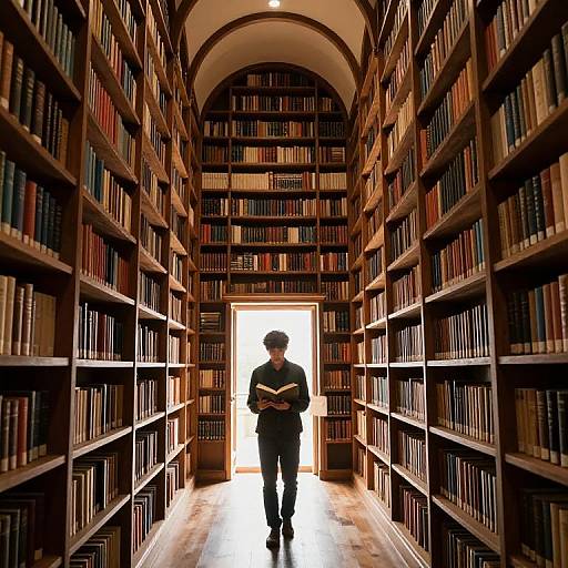 Photograph of a solitary man in black, reading in a narrow, dimly lit library aisle with towering wooden bookshelves on both sides, bright