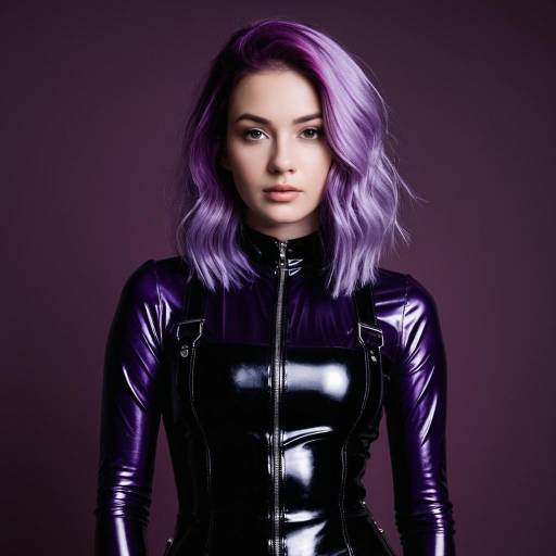Woman with Pastel Purple Hair in Glossy Black Latex Outfit