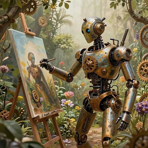 Steampunk Robot Artist in Garden