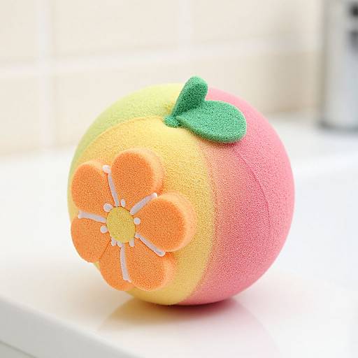 Photograph of a textured, colorful, round plush toy resembling a peach with a green leaf, orange flower, and yellow-orange gradient.