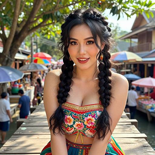 Photograph of an Asian woman with long black braids, wearing a floral strapless top, smiling outdoors at a bustling market.