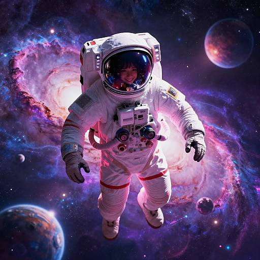 Photograph-style digital art of an astronaut in a white spacesuit with a reflective helmet, floating in a vibrant, colorful galaxy with swirling nebulas