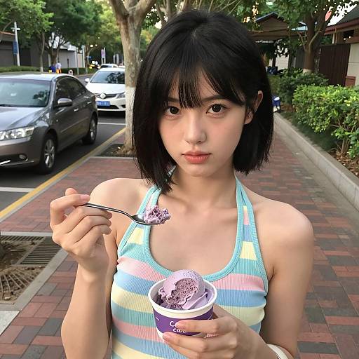 Joyful Asian Woman Enjoying Ice Cream