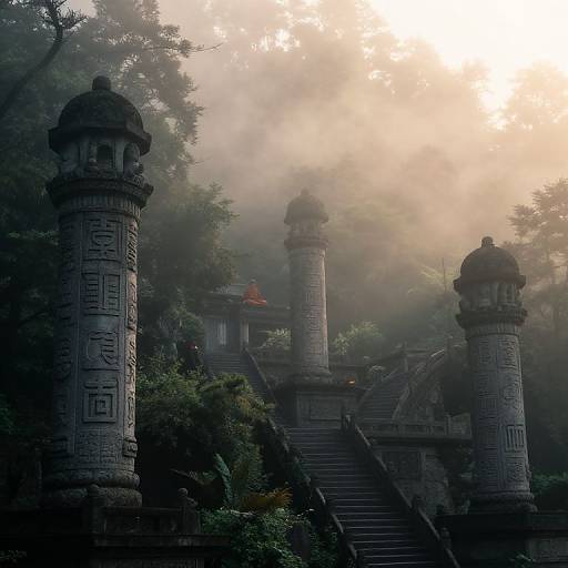 Misty photograph of an ancient, intricately carved stone temple with three tall pillars and steps, surrounded by dense, foggy forest.