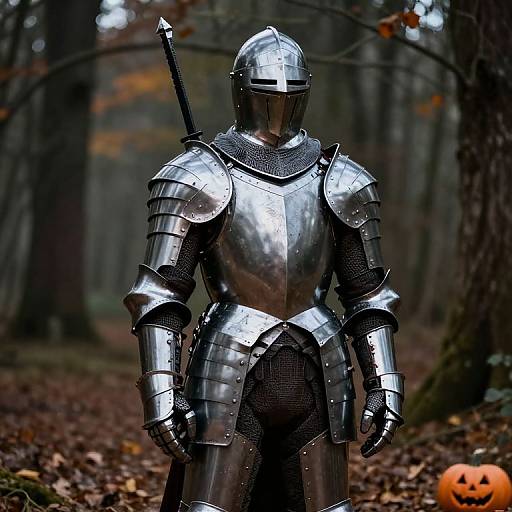 Photograph of a shiny, full-plate medieval knight in silver armor with a sword, standing in a dark, autumn forest, with a carved pumpkin