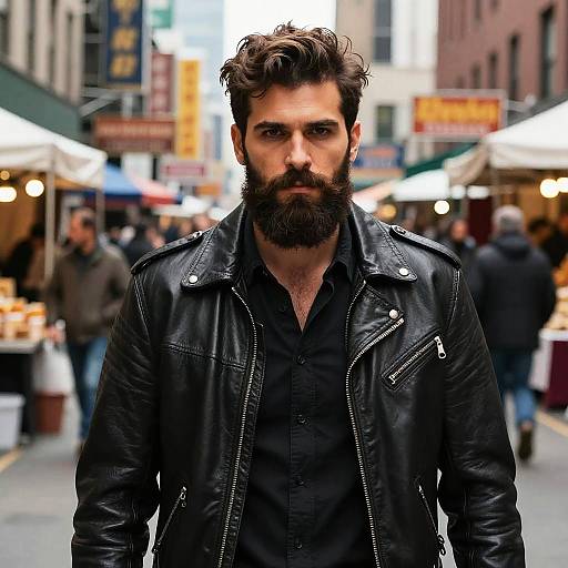 Photograph of a bearded man with dark curly hair, wearing a black leather jacket over a black shirt, standing in a bustling urban market street at