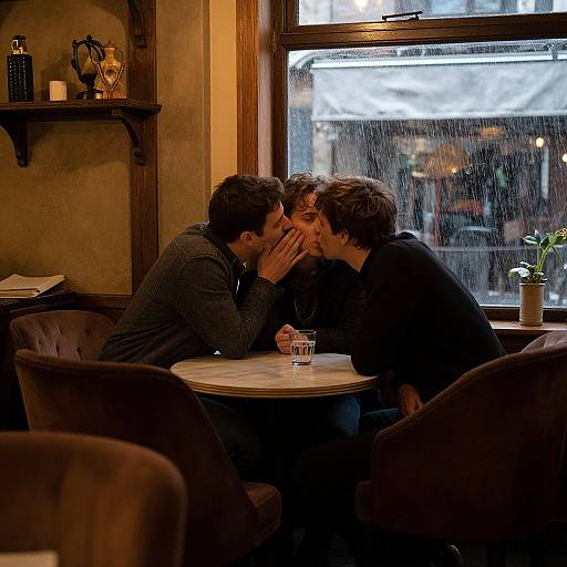 Photograph of two men, one with dark hair and beard, the other with curly brown hair, kissing passionately at a cozy, dimly-lit