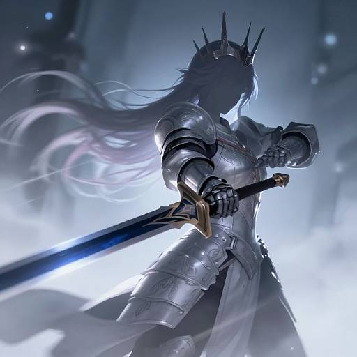 Digital anime-style artwork of a silver-armored, long-haired female warrior with a crown, holding a glowing sword, set against a misty, blue