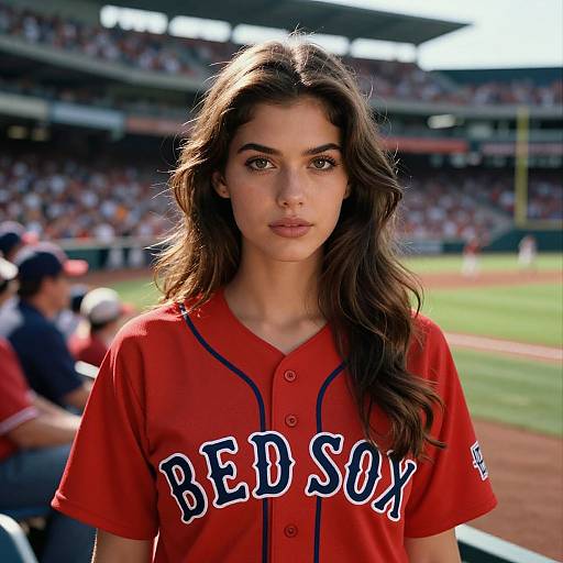 Photograph of a young woman with long brown hair, wearing a red Boston Red Sox baseball jersey, standing in a sunlit stadium. Blurred spectators
