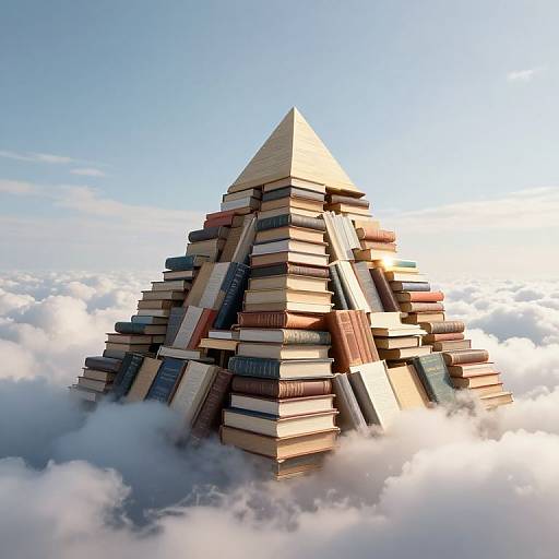 CGI image of a pyramid-shaped tower made of stacked books, floating in the sky surrounded by clouds, with a clear blue sky in the background.