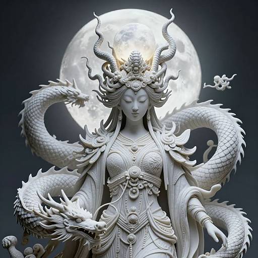Photorealistic digital artwork of a serene, white-skinned Asian goddess with dragon features, ornate armor, and intricate headdress, illuminated by a