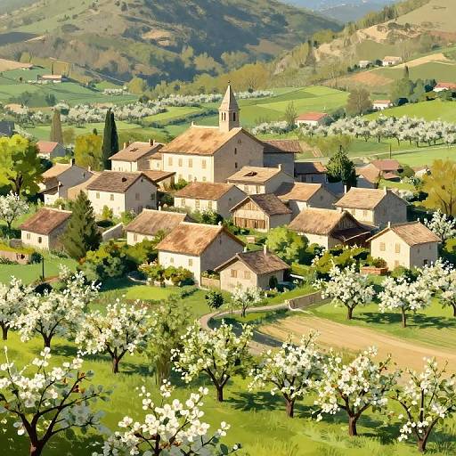 Digital painting of a sunlit, rustic village with stone buildings, a church with a tall steeple, surrounded by blooming white cherry trees and