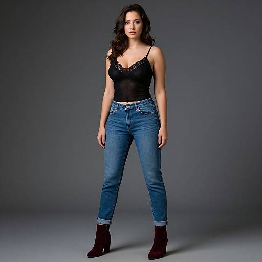 Photograph of a woman with long dark hair, wearing a black lace-trimmed tank top, blue high-waisted jeans, and dark ankle