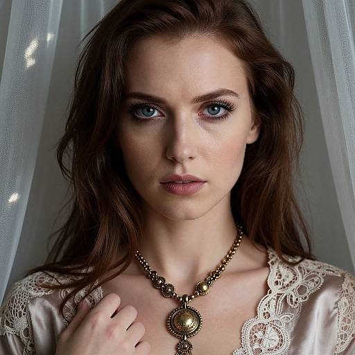 Photograph of a young white woman with blue eyes, brown hair, wearing a lace-trimmed satin blouse and a gold necklace, standing against a
