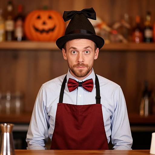Photograph of a surprised bearded man in a black hat, red bowtie, and maroon apron, standing behind a wooden bar with a