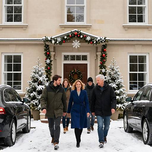 Festive Gathering Outside a Stone House