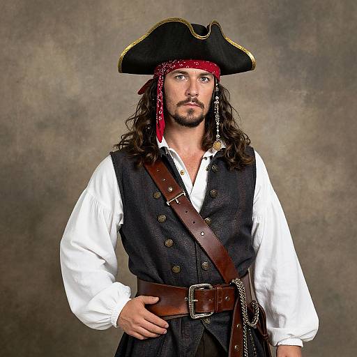 Photograph of a handsome, long-haired man in a pirate costume: black tricorn hat, red bandana, white shirt, black vest, brown