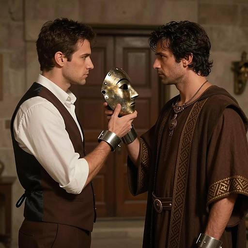 Two Men Holding Metallic Mask in Stone Room