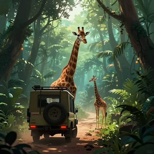 Safari Jeep and Giraffes in Jungle