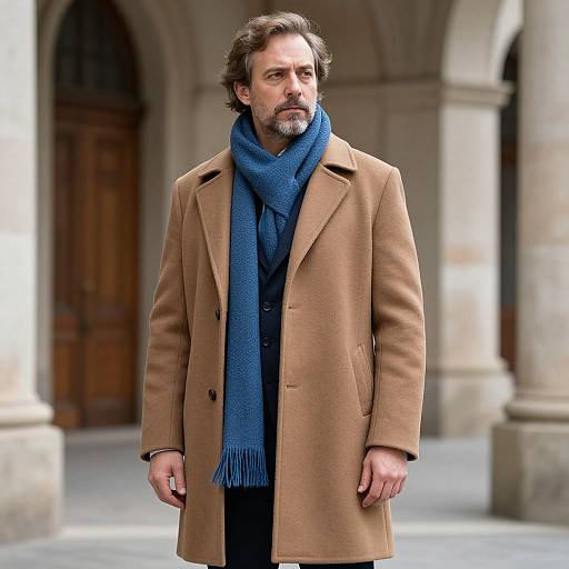 Photograph of a middle-aged man with wavy brown hair and beard, wearing a tan coat, blue scarf, and dark shirt, standing in a