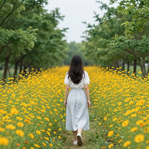 Photograph of a woman with long dark hair, wearing a white dress and brown shoes, walking through a vibrant yellow flower field flanked by green trees