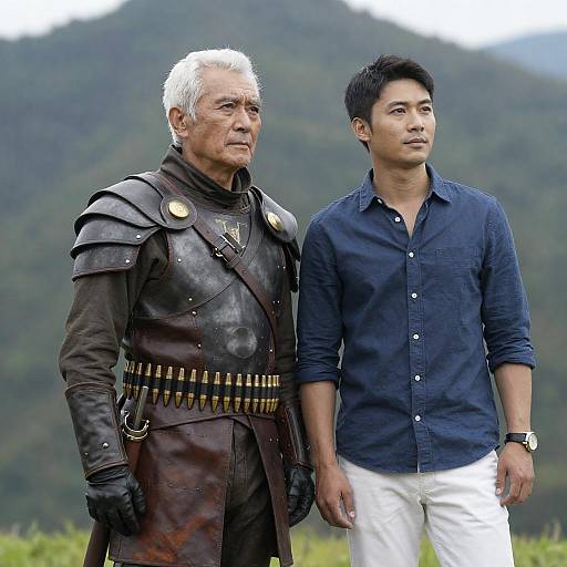 Armored Veteran and Companion in Mountains