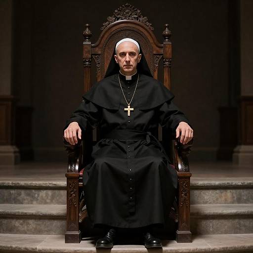 Bald Man in Nun's Habit on Throne