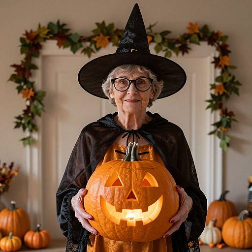 Festive Elderly Witch with Jack-o'-Lantern