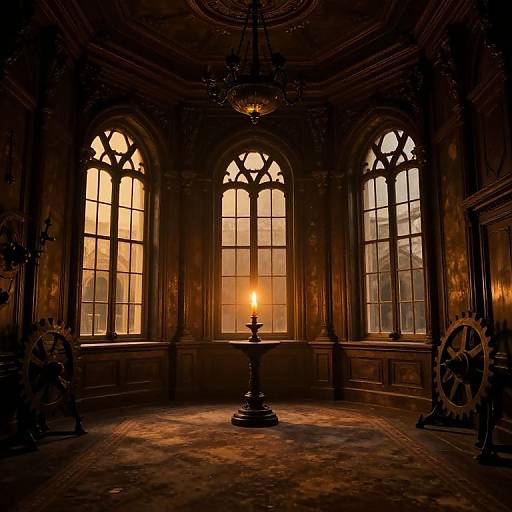 Photograph of an ornate, dimly-lit room with three arched windows, a glowing lamp, and two vintage ship wheels, exuding