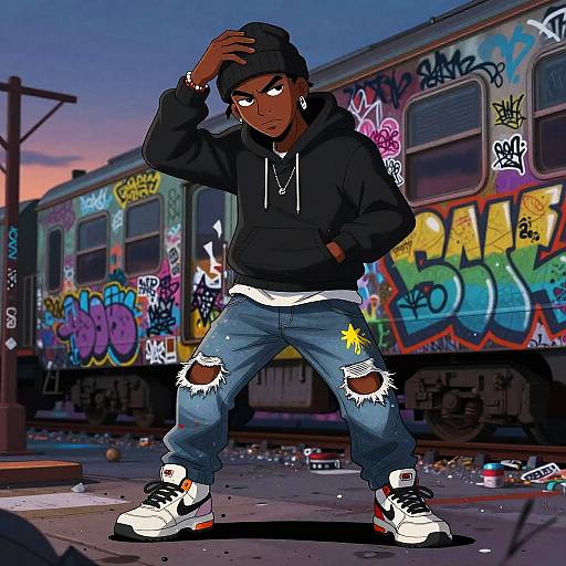 Digital illustration of a dark-skinned teenage boy in a black hoodie and ripped jeans, standing confidently against a graffiti-covered train at sunset.