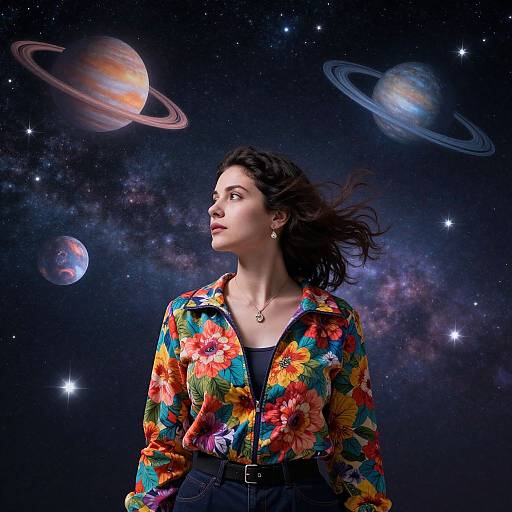 Photograph-style digital art of a woman with dark hair, floral jacket, and necklace, gazing at colorful planets and rings in a starry,