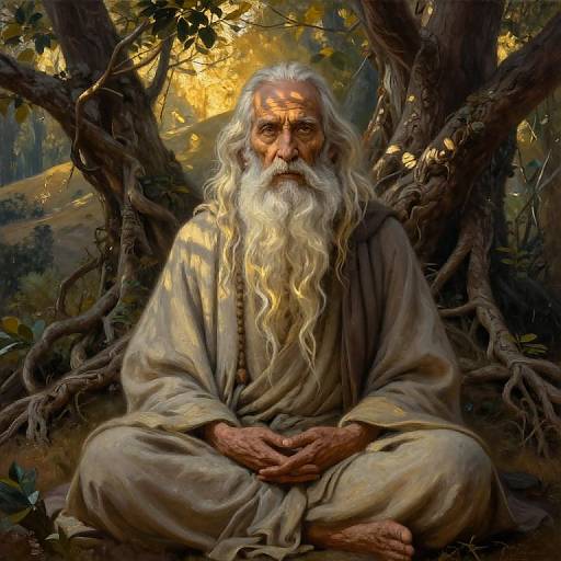 Digital painting of an elderly, long-haired, white-bearded man in a beige robe, sitting cross-legged against a forest backdrop with sunlight filtering through trees