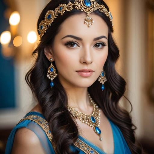 Elegant Young Woman in Blue with Vintage Jewelry