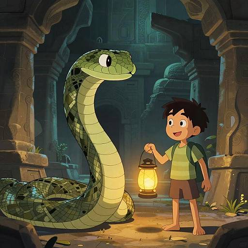 Digital illustration: A smiling Asian boy with black hair, green shirt, and brown shorts holds a lantern, standing beside a large, green snake in an
