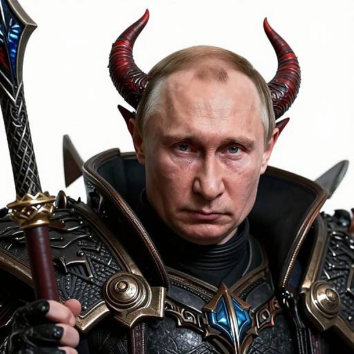 Photorealistic digital artwork of a stern-faced, bald demon warrior with red-black horns, wearing ornate black armor, holding a sword, against a