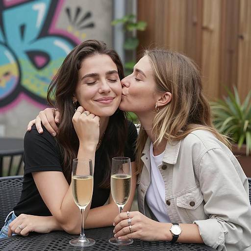 Affectionate moment between two women with champagne