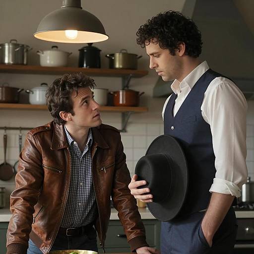 Men Interacting in a Dim Kitchen
